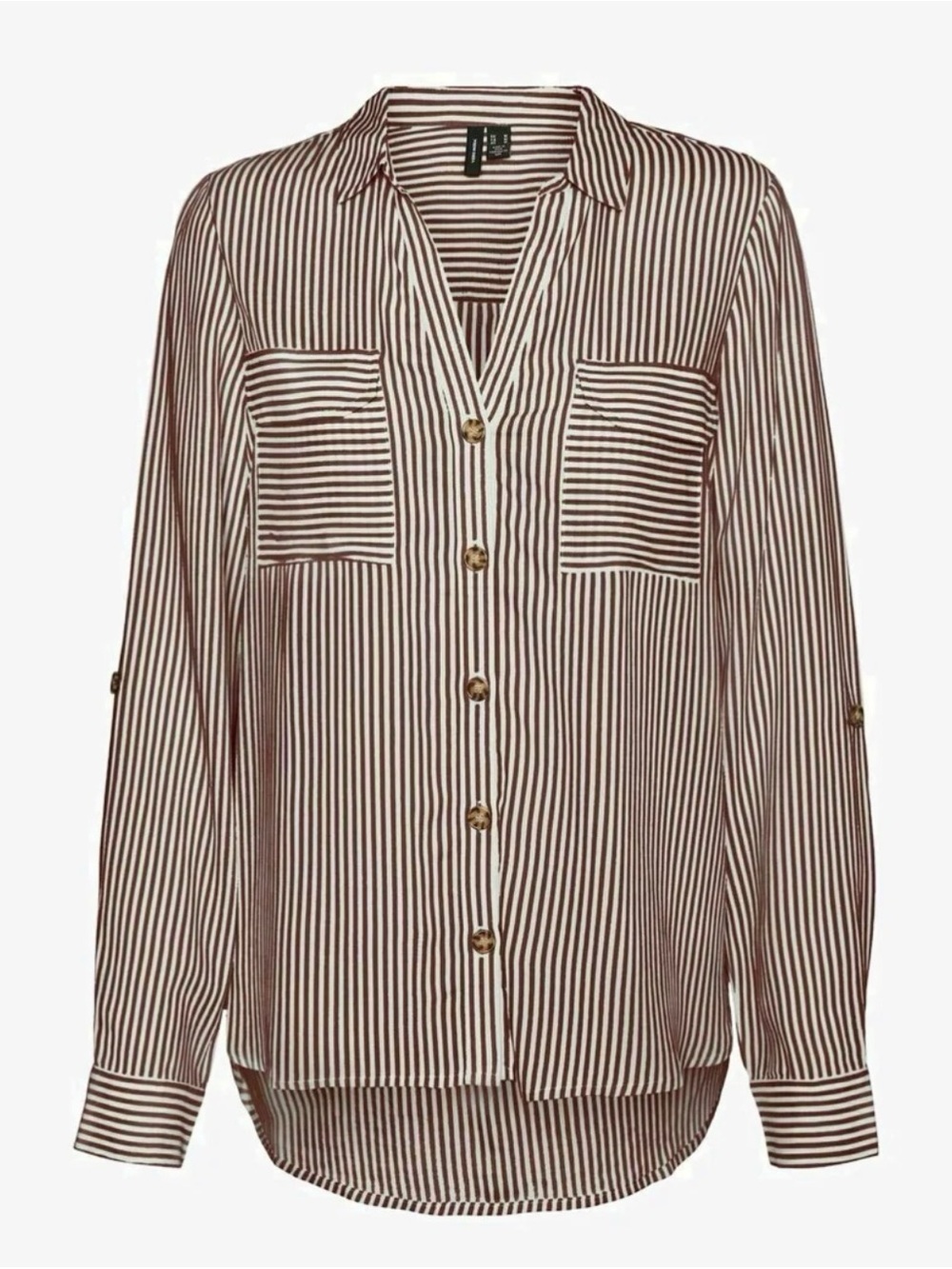 Vero Moda Brown and White Striped Button-Down Blouse